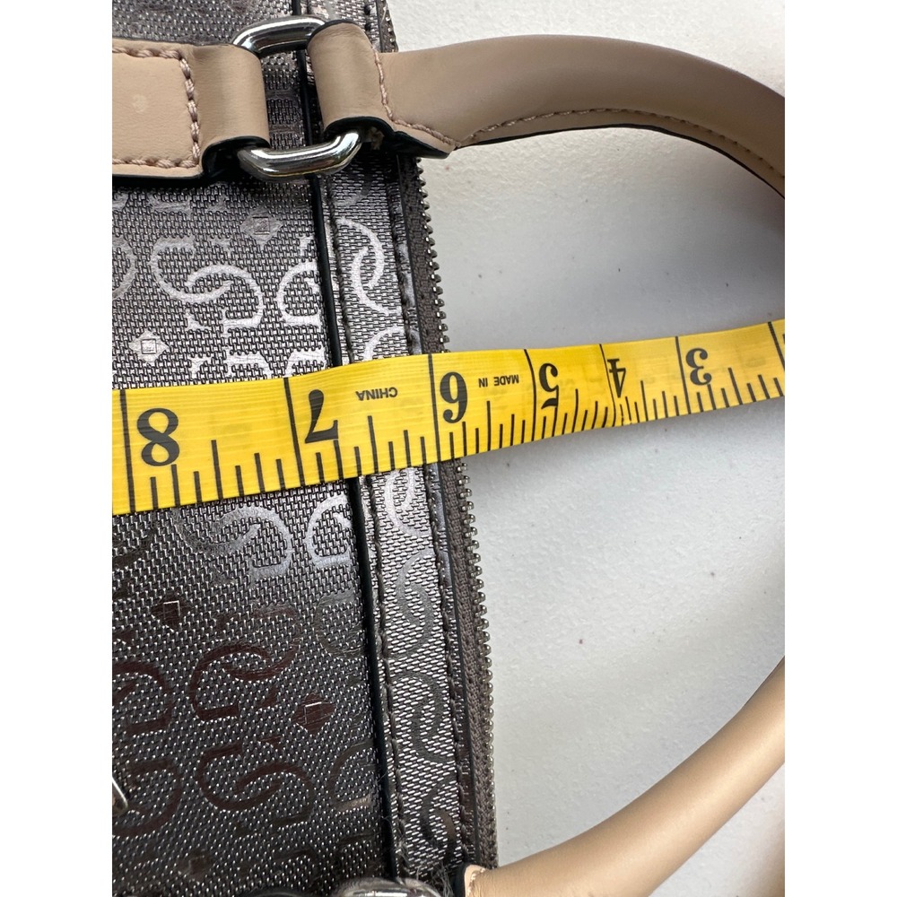 Guess Satchel Handbag Metallic Pewter Logo Embossed Tan Handles Leopard Lining - Picture 12 of 12